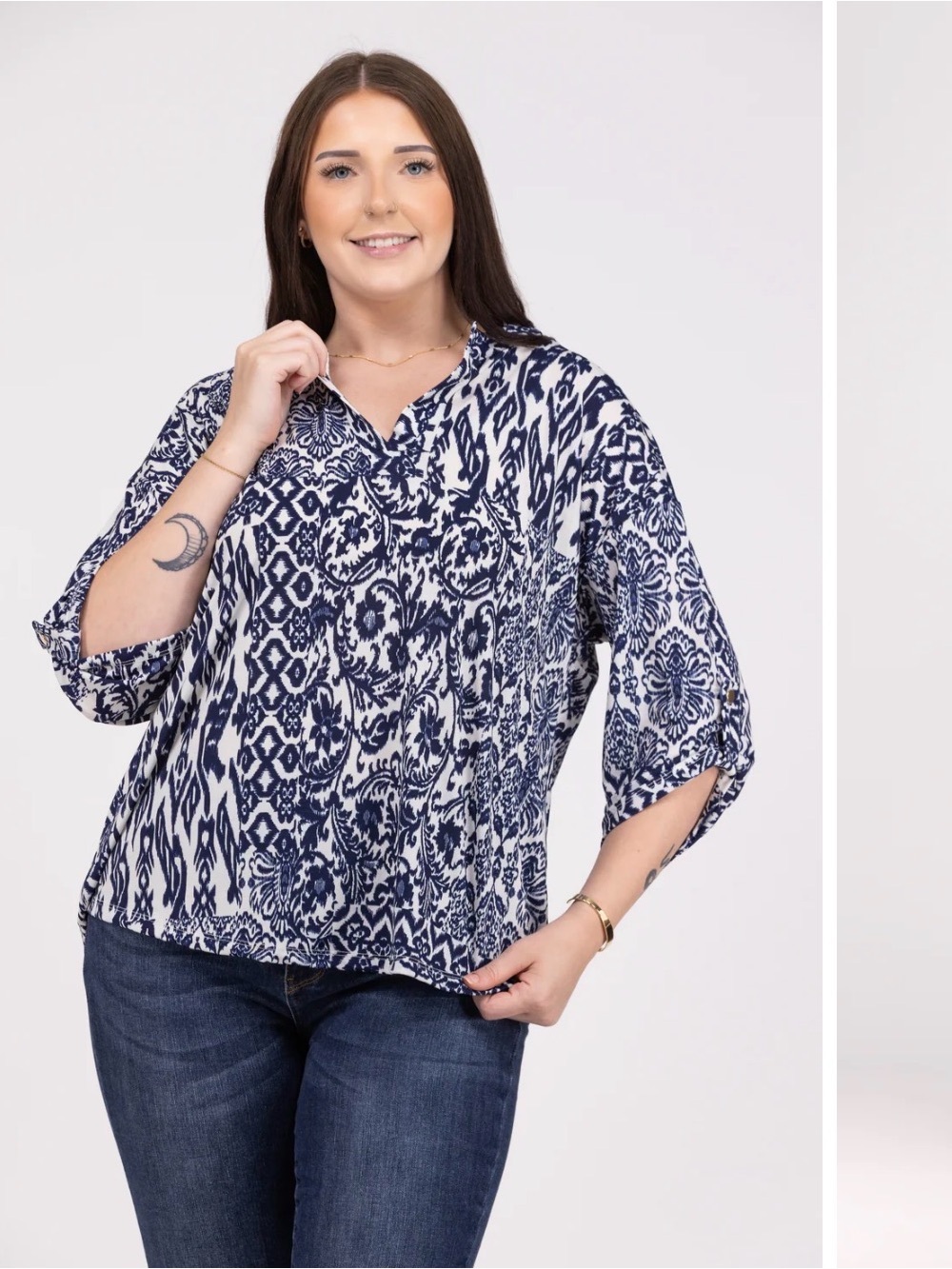 WHITE BIRCH Navy & White Printed V-Neck Tunic Blouse Stretchy Plus Size 3X